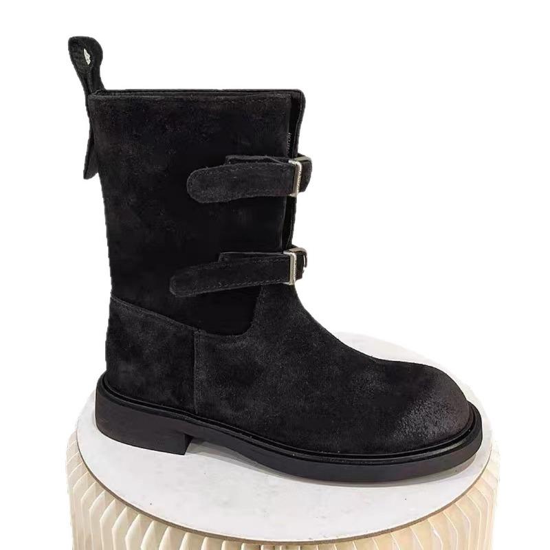 

Sheepskin version~ retro polished belt buckle western cowboy boots slim short boots women s Maillard Martin boots locomotive boots 35 чёрный