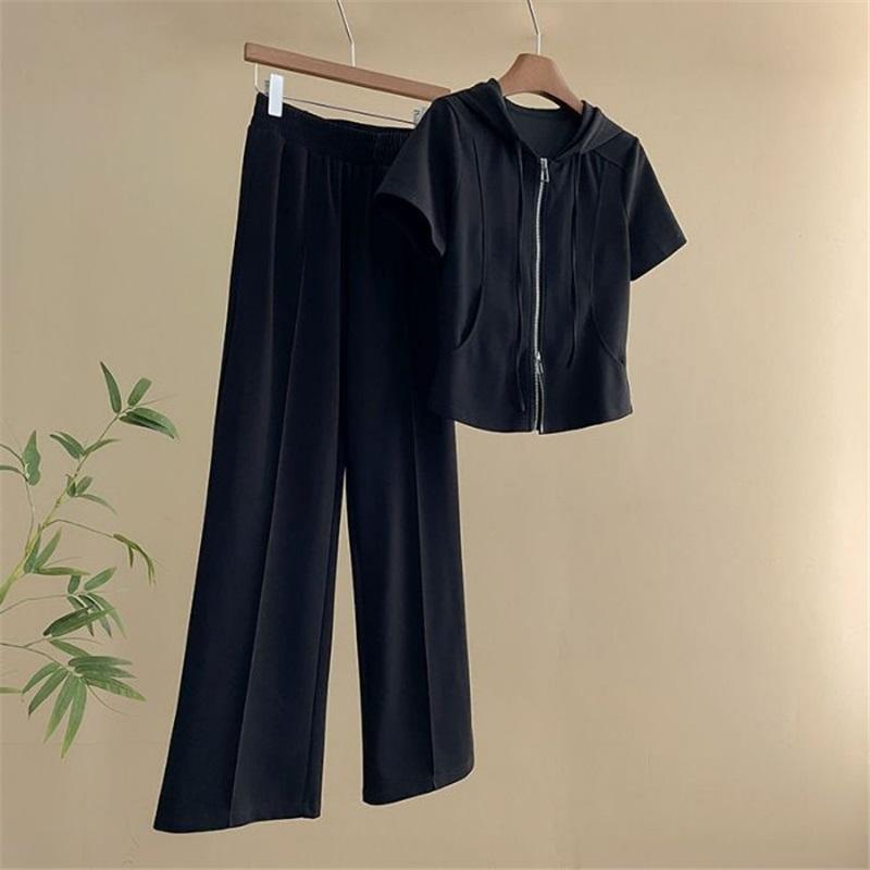 

Women s 2 Piece Knit Loungewear Set, Hooded Zip Up Short Sleeve Cardigan Wide Leg Pants Casual Outfit For Daily Wear L чёрный