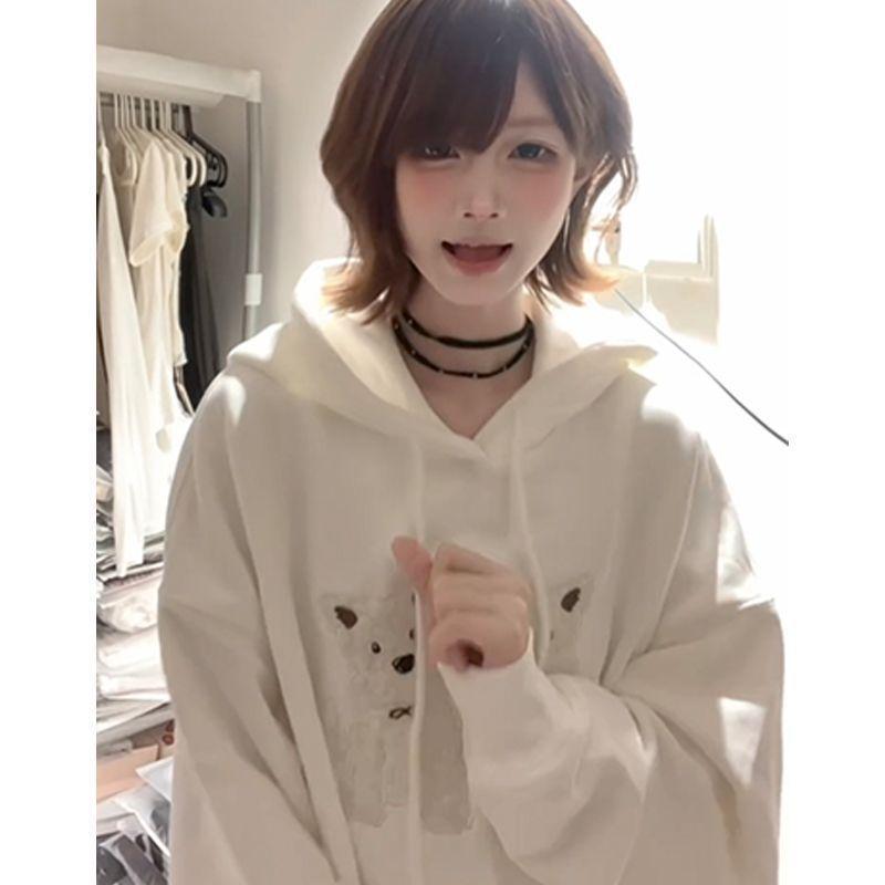 American heavy puppy embroidery white hooded sweater women 2025 new coat loose lazy wind