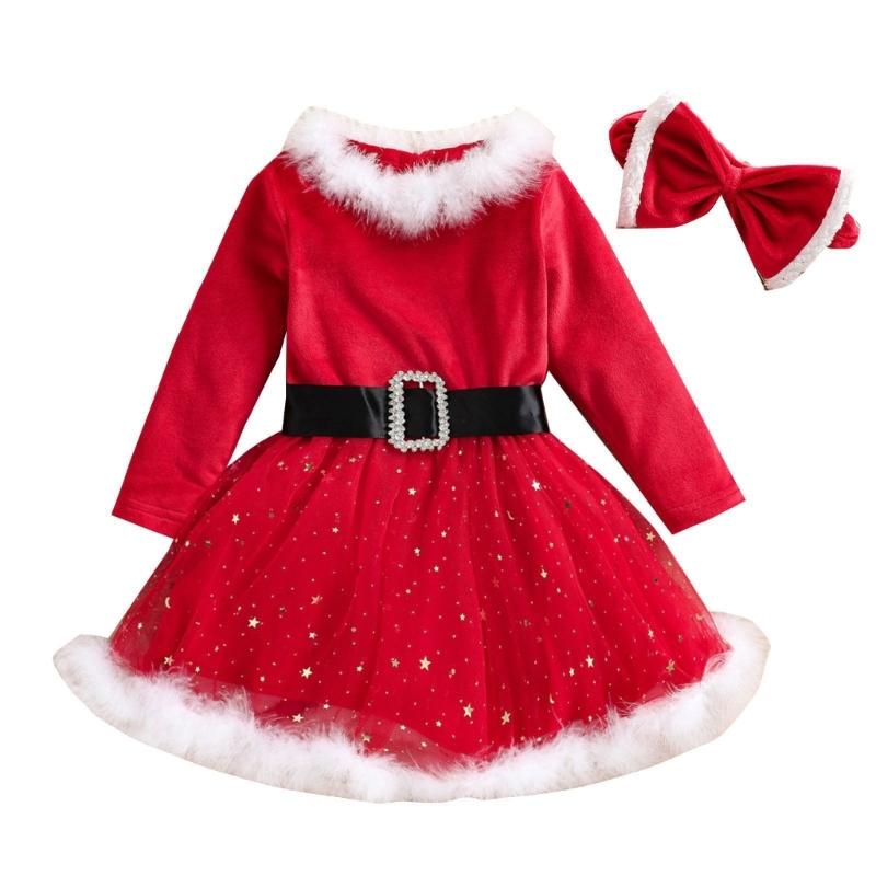 Santa Suit Christmas Santa Clauses Costume for Kids Girls Santa Costume Outfits Bow Headband + Glitter Tutu Dress