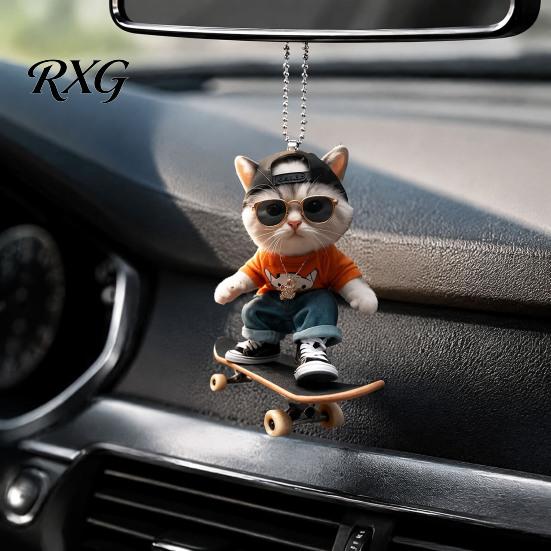 Cool Aesthetic Car Accessory Skateboard Cat Hanging Ornament, 2D Flat Acrylic Rearview Personalized Gift Mirror Decor, Trendy Skate Pendant