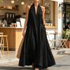 Sommer-Maxikleid für Damen, lässig, ärmellos, Neckholder, V-Ausschnitt, Revers, langes Kleid, Strandurlaub, fließendes Sommerkleid mit Taschen