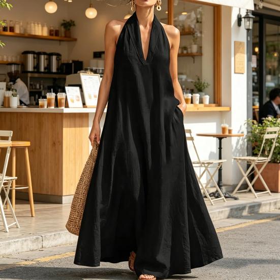 Sommer-Maxikleid für Damen, lässig, ärmellos, Neckholder, V-Ausschnitt, Revers, langes Kleid, Strandurlaub, fließendes Sommerkleid mit Taschen