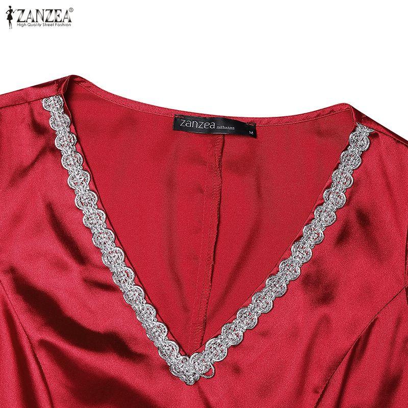 ZANZEA Women Elegant V-Neck Casual Short Sleeve Satin Long Dress