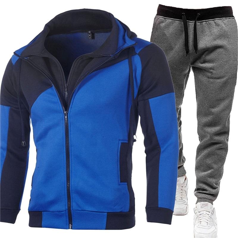 Men's Tracksuit 2Pcs Set Patchwork Color Hooded Jacket  Sweatpants Casual Sportswear Zipper Hoodie Jogger Pants For Men Daily Running Training