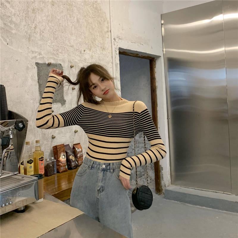 Autumn and Winter Retro Striped Sweater High Collar Pullover Head Hundred Long-sleeved Knitted Sweater Female Slim Thin Bottoming Shirt Top
