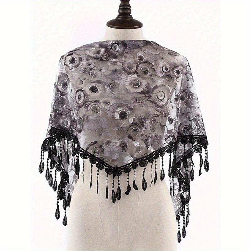 1pc Fashionable Colorful Rose Floral Print Lace Tassel Shawl Scarf, Suitable For Everyday Wear