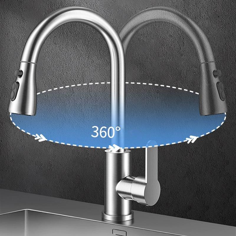Kitchen Faucet with Pull Down Sprayer Head 360 Rotation Hot and Cold Water Silver Black Pull-out Kitchen Sink Faucet Single Hole