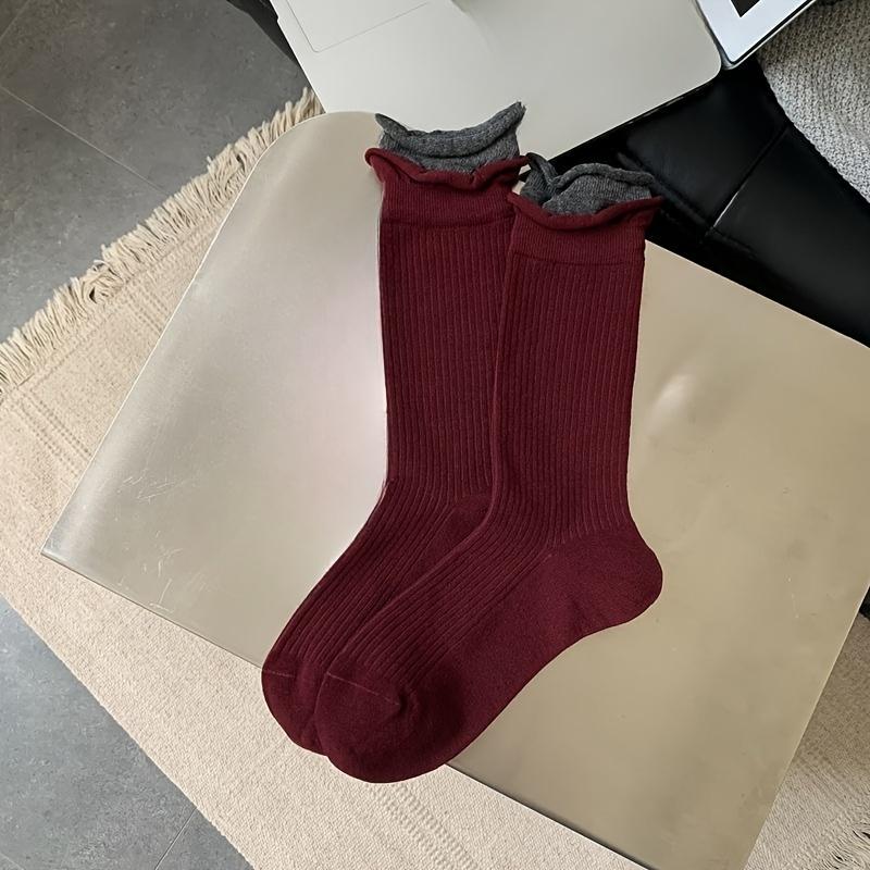 5 Pairs Women's Vintage College Style Socks, Red and Grey Striped Mix, Fashionable Trendy Long Socks