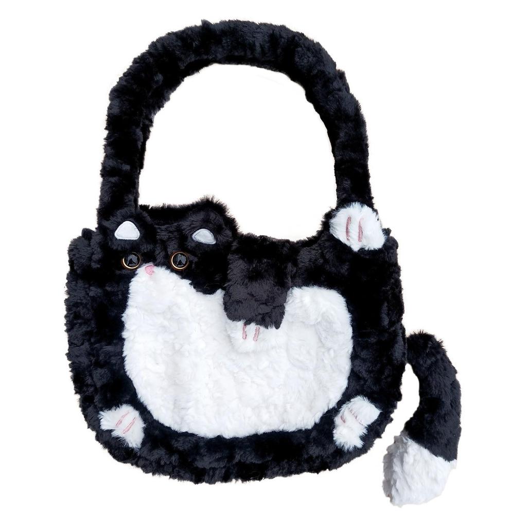 [HUIJUFU] Women's Realistic Fluffy Plush Cat Crossbody Bag (Black & White, Large)