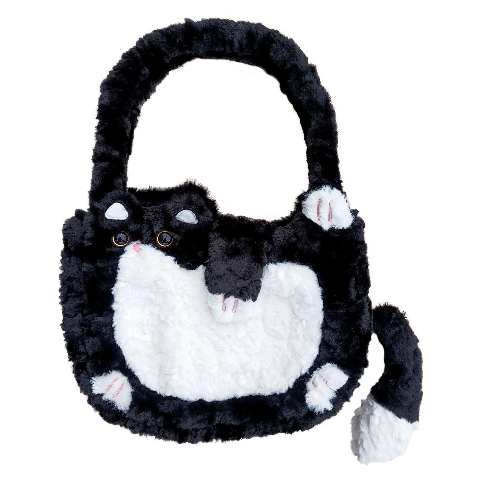 

[HUIJUFU] Women s Realistic Fluffy Plush Cat Crossbody Bag (Black & White, Large)