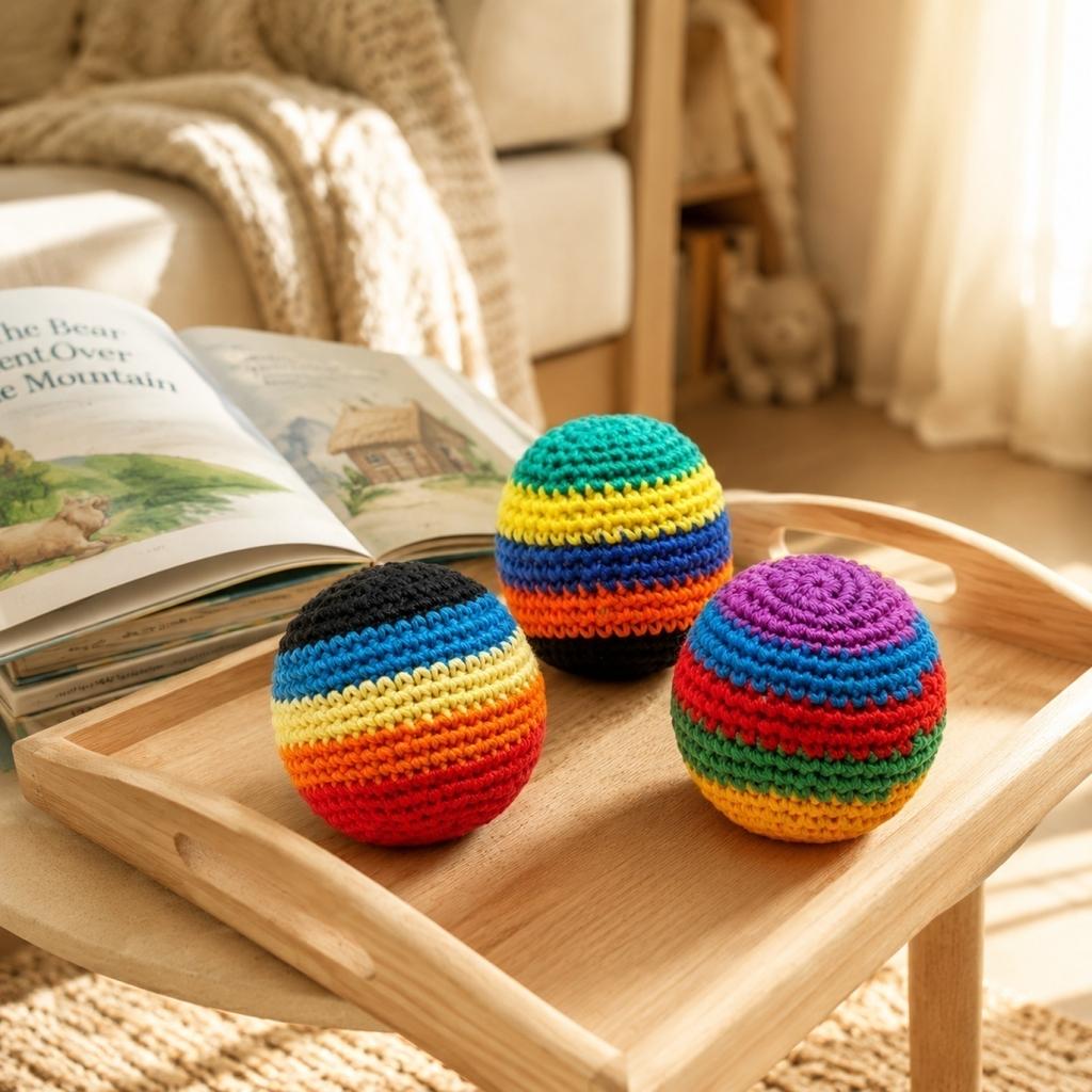 Handmade Crochet Hacky Sack Set 3pc Durable Soft Fabric Juggling Balls for Indoor Outdoor Use