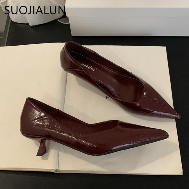 Fashion SUOJIALUN 2025 Spring New Pointed Toe Women Pumps Shoes Pointed Toe Shallow Slip On Boat Shoes Thin Low Heel Dress Pumps