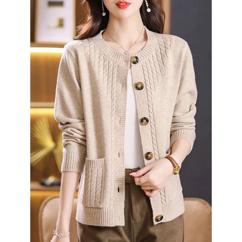 Rundhals-Pulloverjacke Damen Frühling und Herbst Lockerer Oberteil Übergröße Western-Stil Kurze Strickjacke