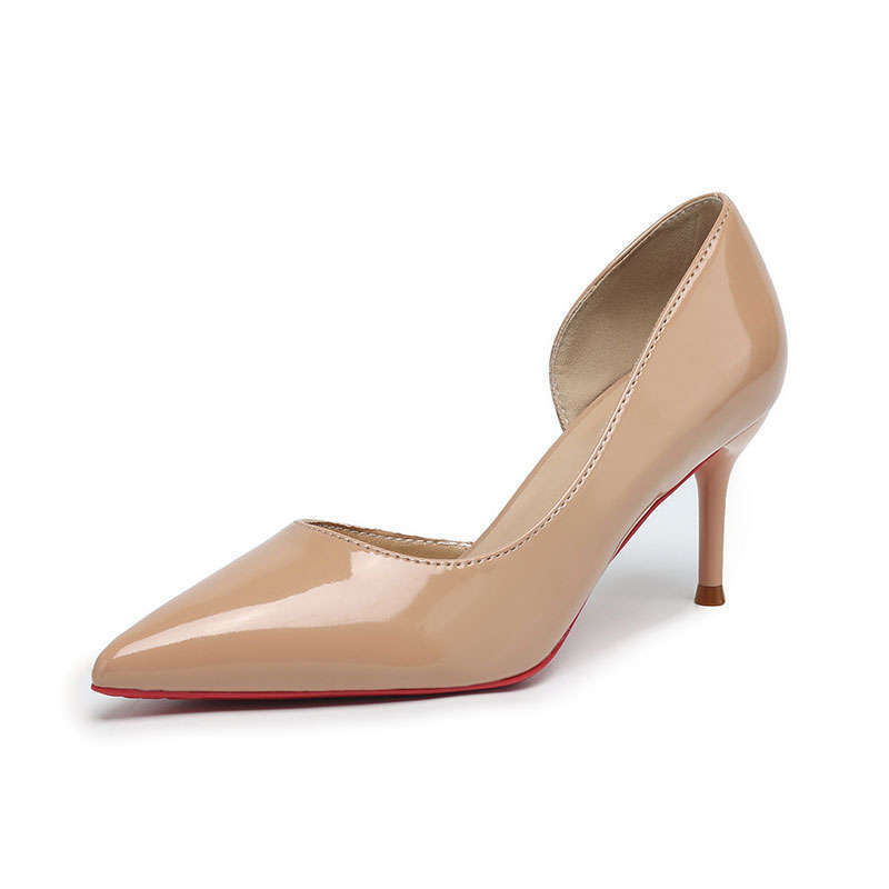 Stylish Black High Heels, Thin Heels, Side Empty Pointed Head, Shallow Mouth Dress, Simple and Versatile Patent Leather, Spring and Summer Red-soled