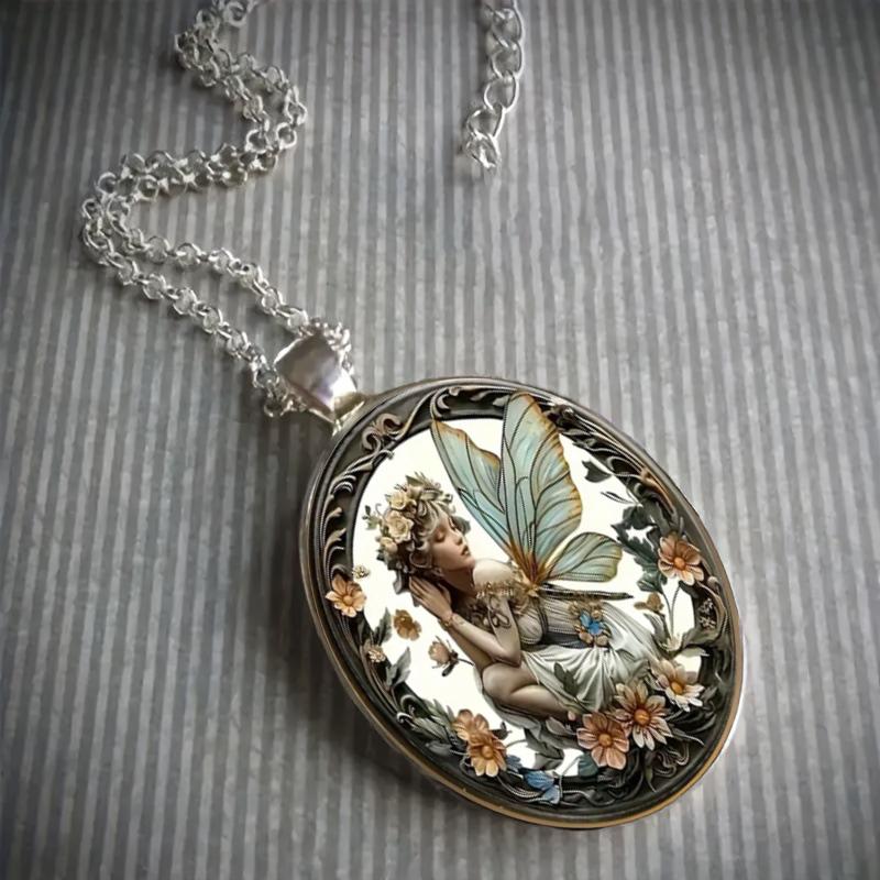 A vintage-style angel fairy round pendant necklace with a dreamy flower fairy time gemstone design, suitable for both men and women.