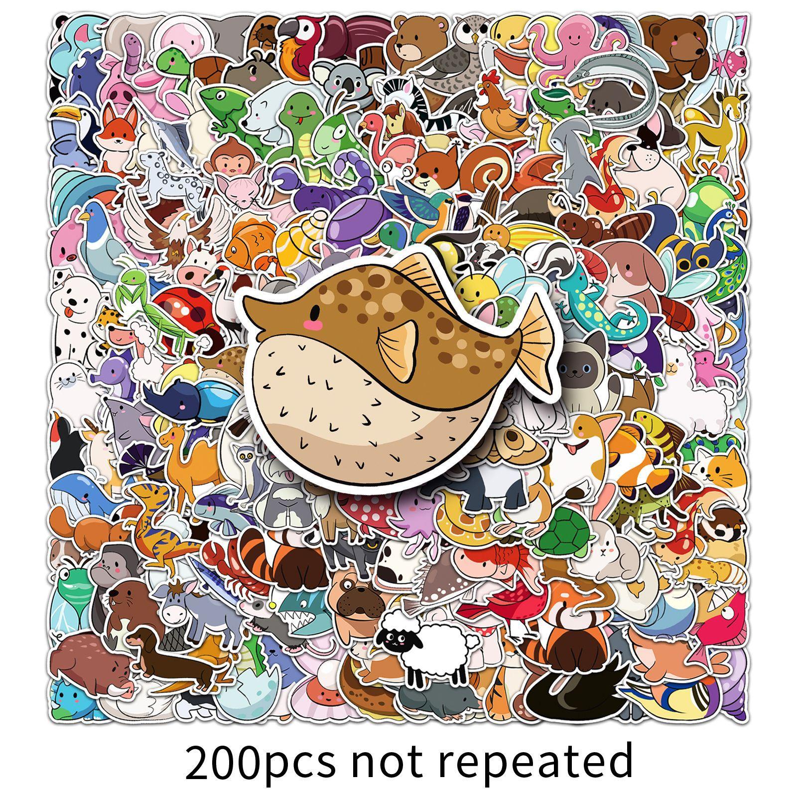 

200 Cartoon Animals Doodles Cute Cartoon Hand-drawn DIY Hand Ledger Skateboard Suitcase Stickers Waterproof