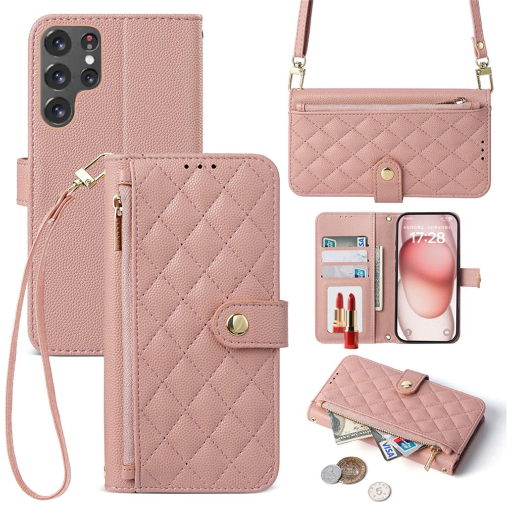 Crossbody Strap Leather Phone Case for Samsung Galaxy S25 FE S23 Ultra S24 Plus Flip Zipper Wallet Card Protect Cover Coque