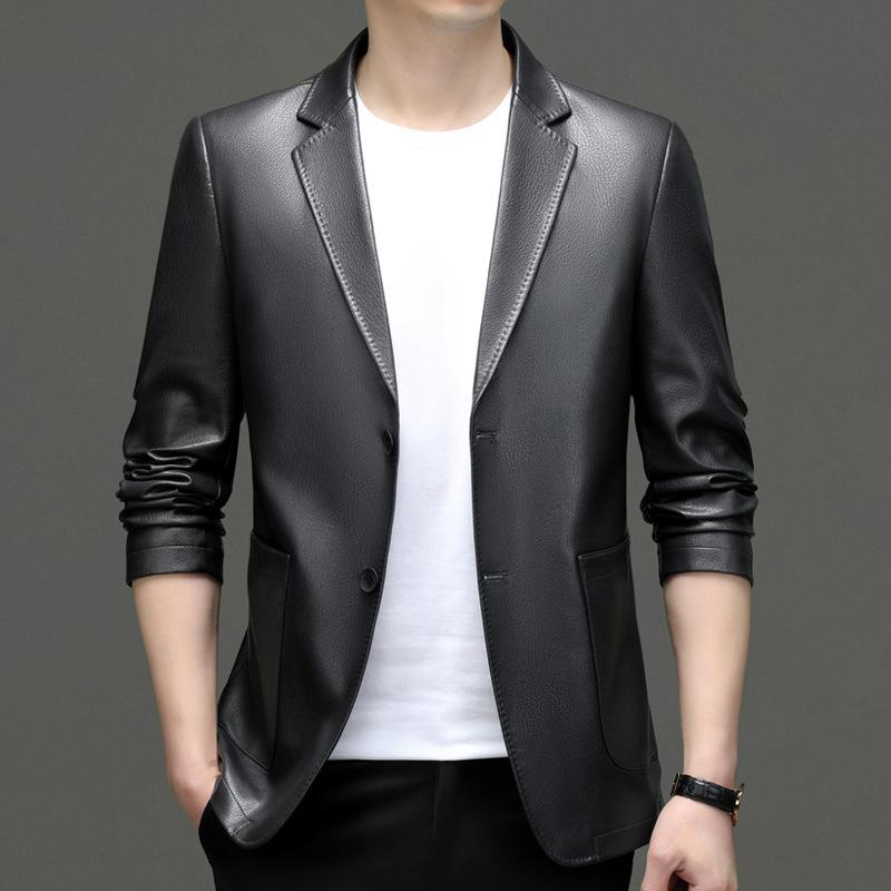 Pu Leather Casual Suit Men's Jacket Slim Spring and Autumn Section Black Brown