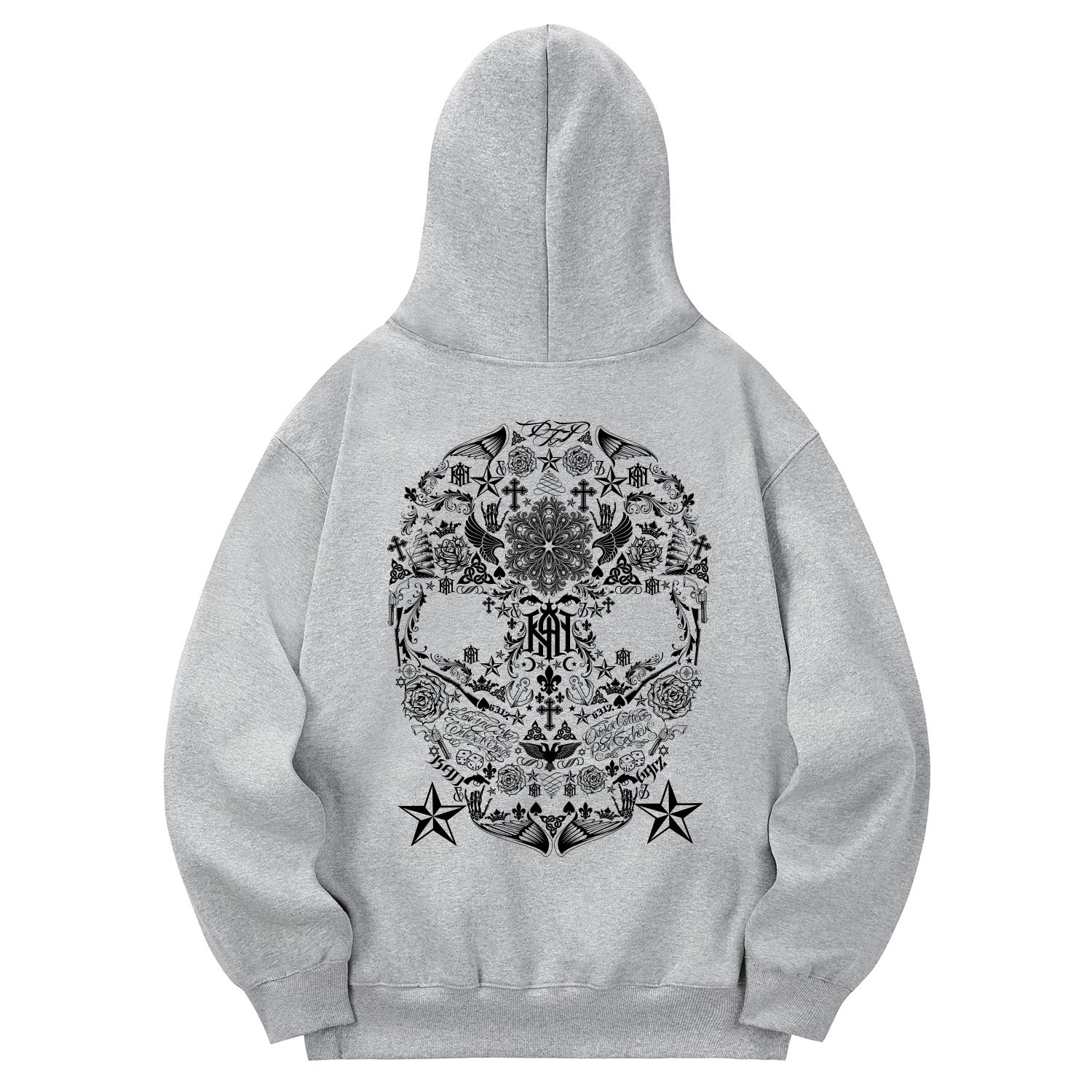 Khan 6312 Khg0094 Skull Art Fleece-Lined Hoodie - Gray L