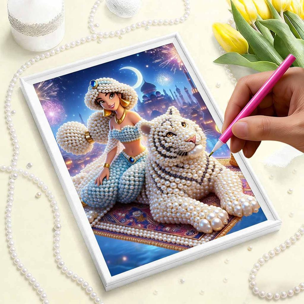 Jasmine Serie Perlmutt-Effekt Rahmenlose Kunst | Mondbeschienenes Schloss & Weißer Tiger Feuerwerk Exotische Atmosphärische Wandkunst für Zeitgenössische Wohnkultur