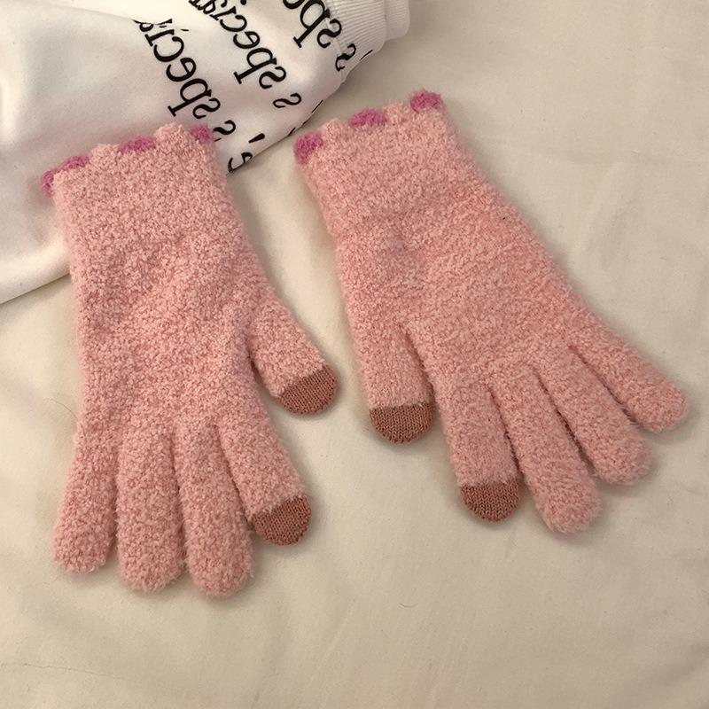 Warm Gloves Women's Candy-colored Small Jelly Beans, Coral Fleece Knitted Cute Wool, Cold-proof and Thickened, Available In Autumn and Winter