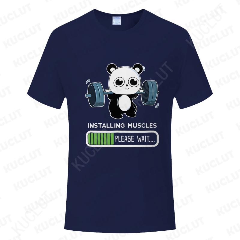 Funny Panda Gym Print T-Shirt Unisex Tees for Men Women O-neck Casual Short Sleeved Weightlifting Installing Muscles Basic Tops