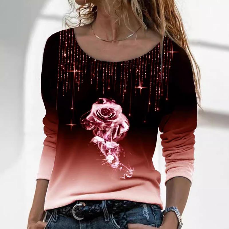 Spring Autumn Long Sleeved Loose Round Neck Casual Pullover Rose Print T-shirt for Women