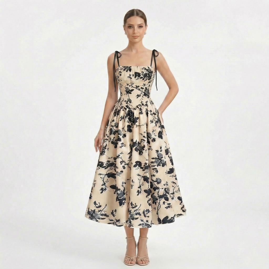 Vestido Corsé Bustier Floral para Mujer Tirantes de Lazo Fruncido Fluido Boho Largo Vestido de Sol