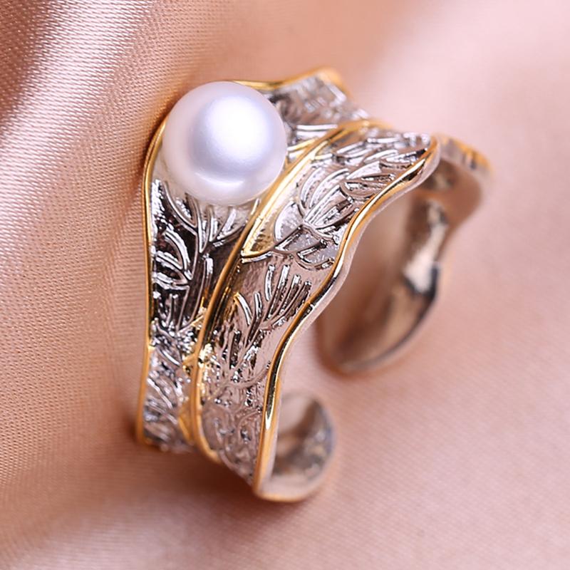 seniko Double Color Natural Freshwater Pearl Rings For Women Fashion Female Cubic Zirconia CZ Ring Pearl Jewelry Adjustable Ring