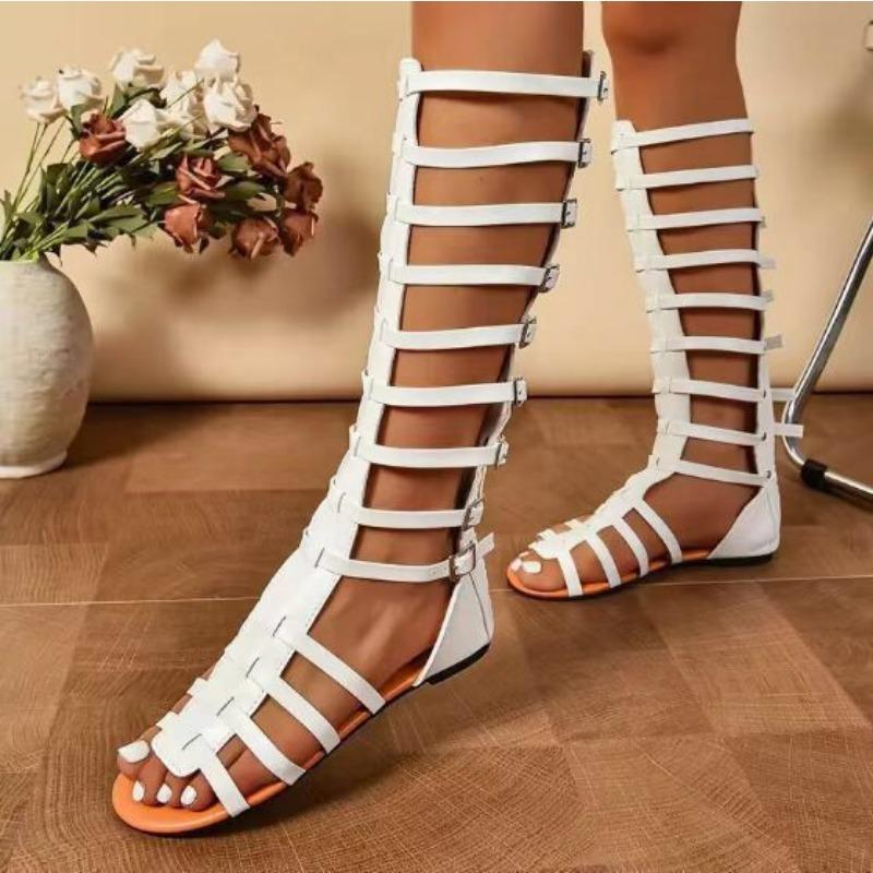 

Large size cool boots women s spring and summer new sandals open-toed high tube hollow flat bottom belt buckle cool boots 43 белый