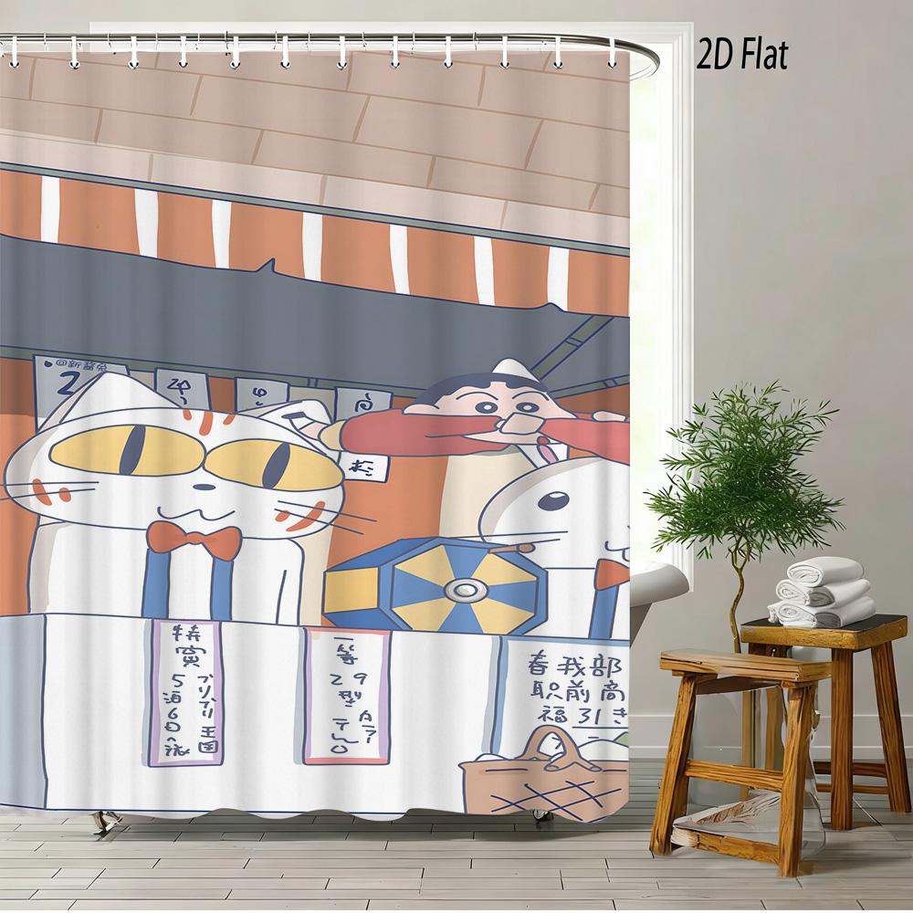 Crayon Shin-Chan Umbrella Walking Cartoon 2D Print Waterproof Shower Curtain, Minimalist White Bathroom Decor With Hooks