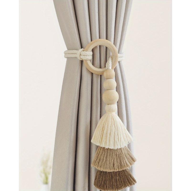 2pcs Bohemian Handmade Tassel Curtain Tiebacks with Wooden Beads - Polyester, Modern Boho Style Window Drape Holdbacks for Home Decor