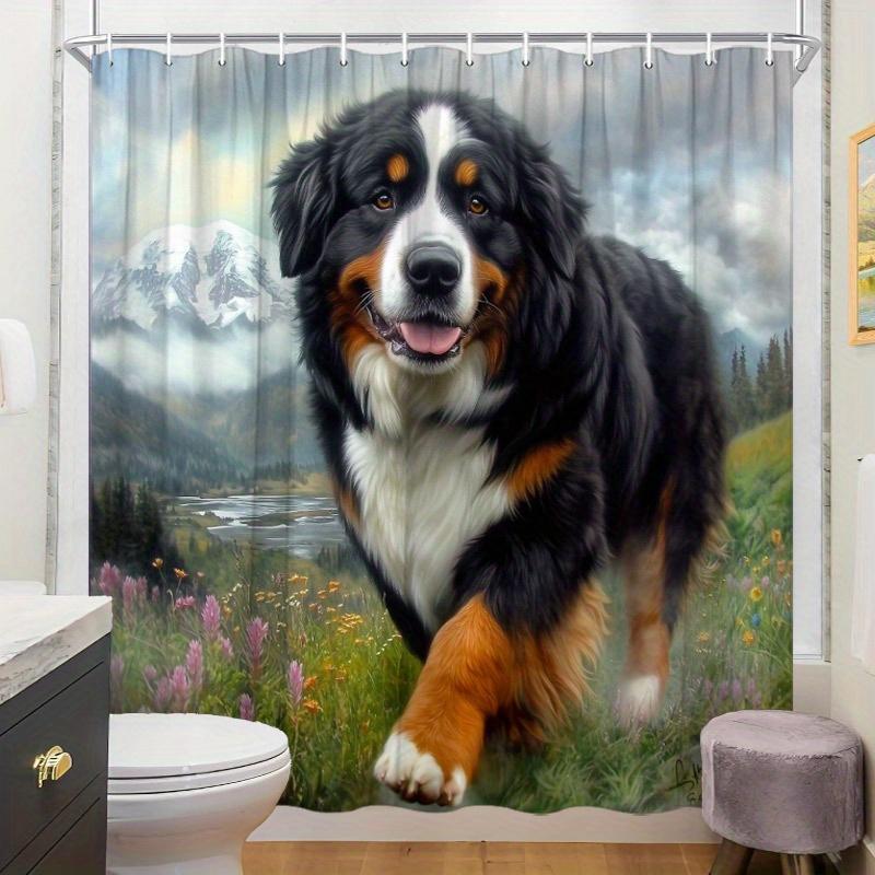 Berner Sennenhund Duschvorhang - Lebendiges Wiesen- und Schneebedecktes Bergdesign, Polyester, Waschbar