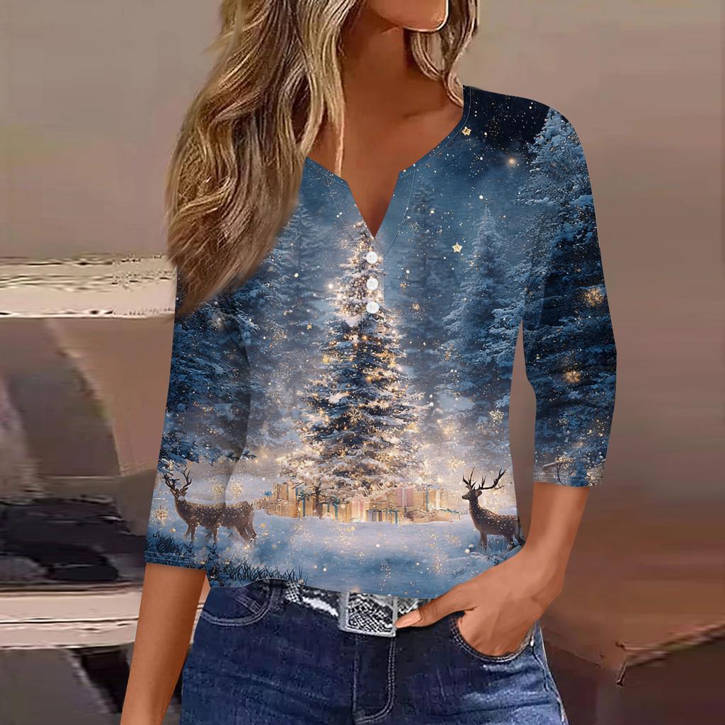 Women's Fashion Casual Christmas Print V-Neck Short Sleeve Decorative Button Three-quarter Sleeve T-shirt Top