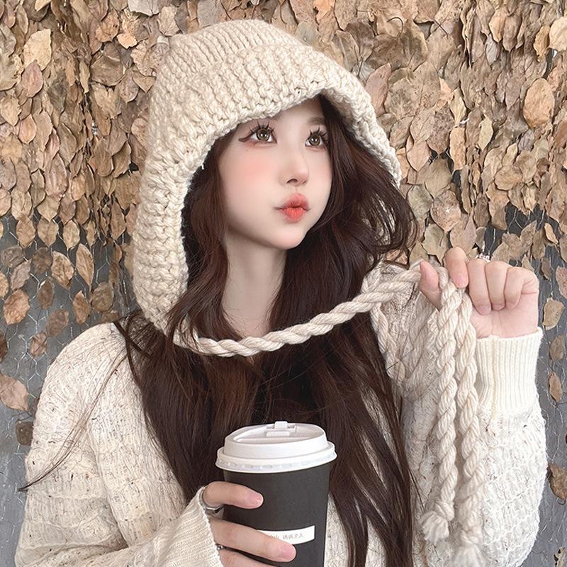 Korean Style Face Showing Small Wool Hat for Women with Big Head Knitted Hat Little Red Hat Fashionable Thick Warm Knitted Hat