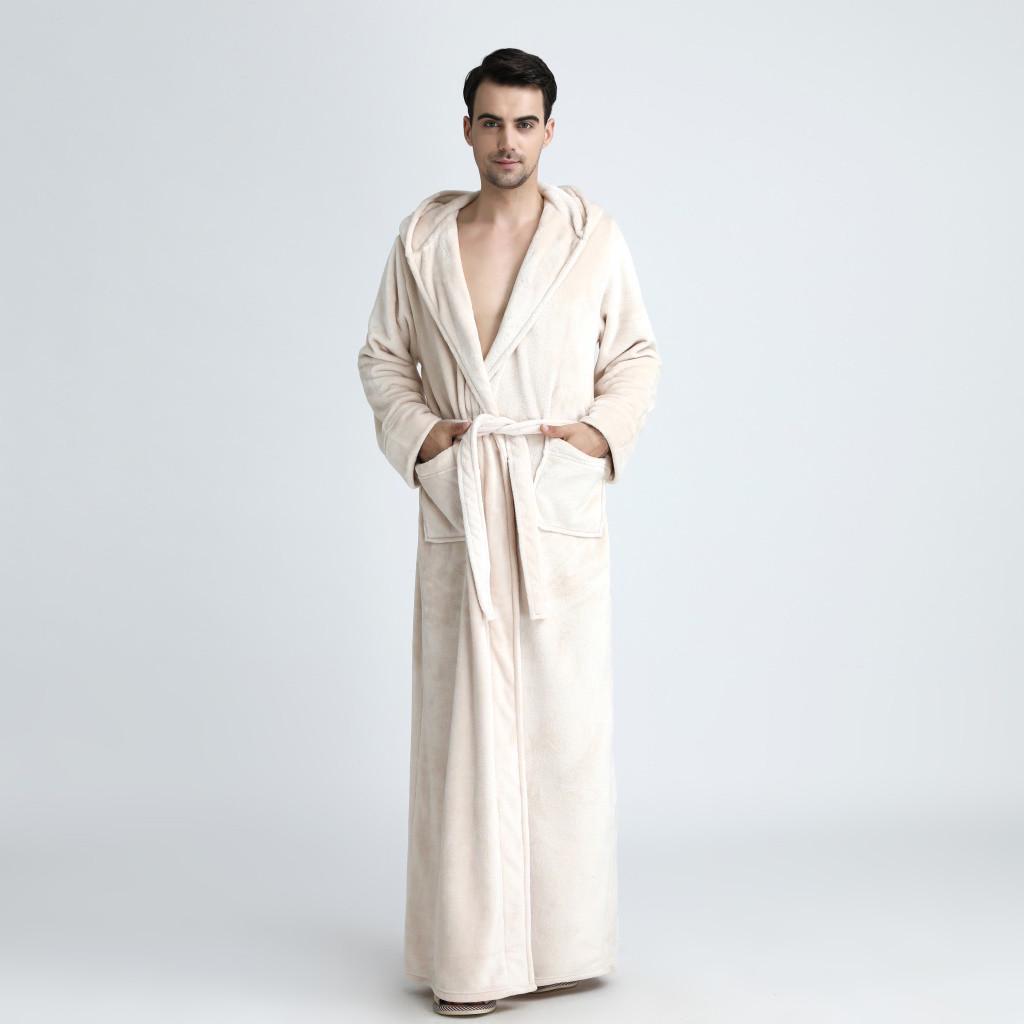 Mens Hooded Thicken Coral Fleece Robe Bathrobe Gown Pajamas Sleepwear Pocket