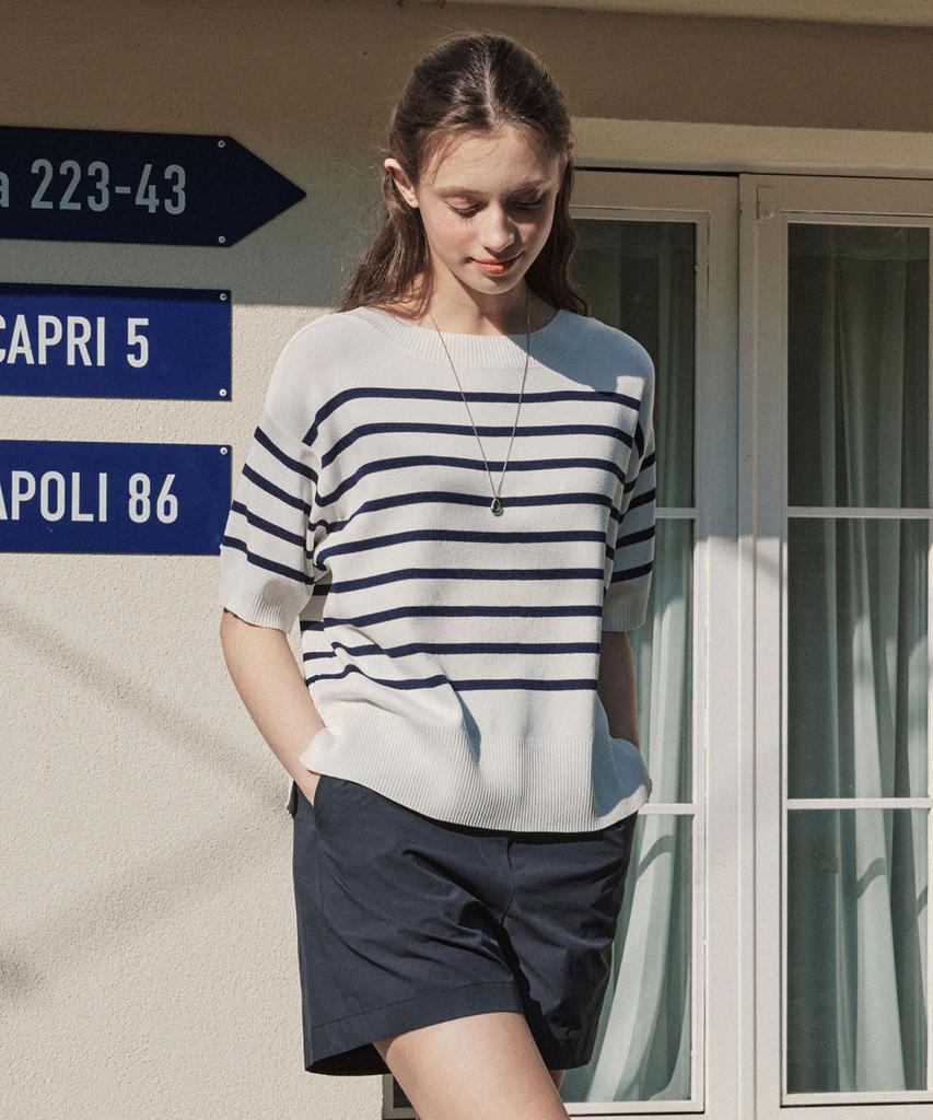 ZEROSTREET [3 Colors] Short Sleeve Striped Round Neck Knit