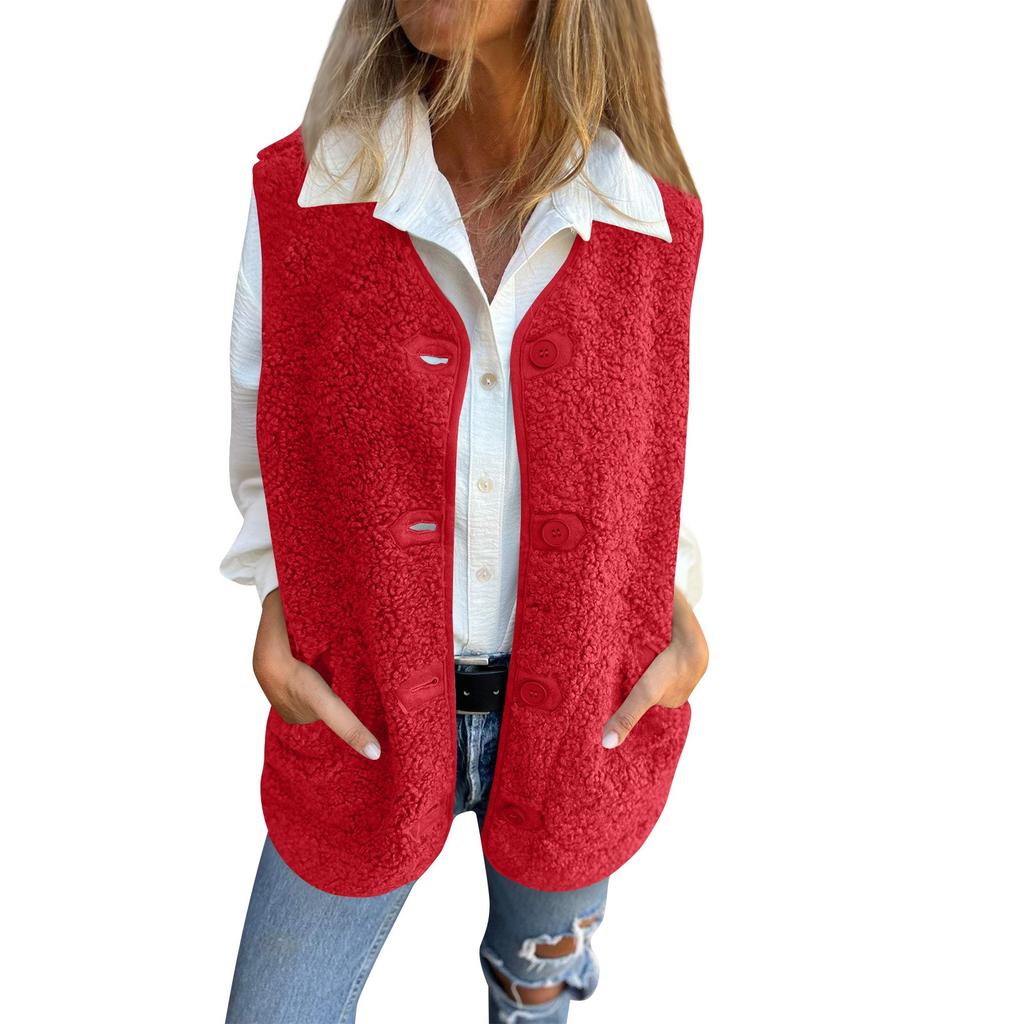Women's Pocket Solid Color Sleeveless Cropped Fleece Button Vest Jacket Vest Coat
