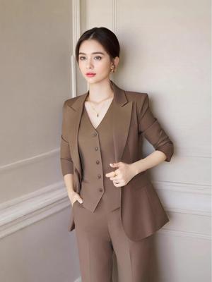 Women's Dark Brown Lyocell Blazer with Wide-Leg Pants Three-Piece Business Set