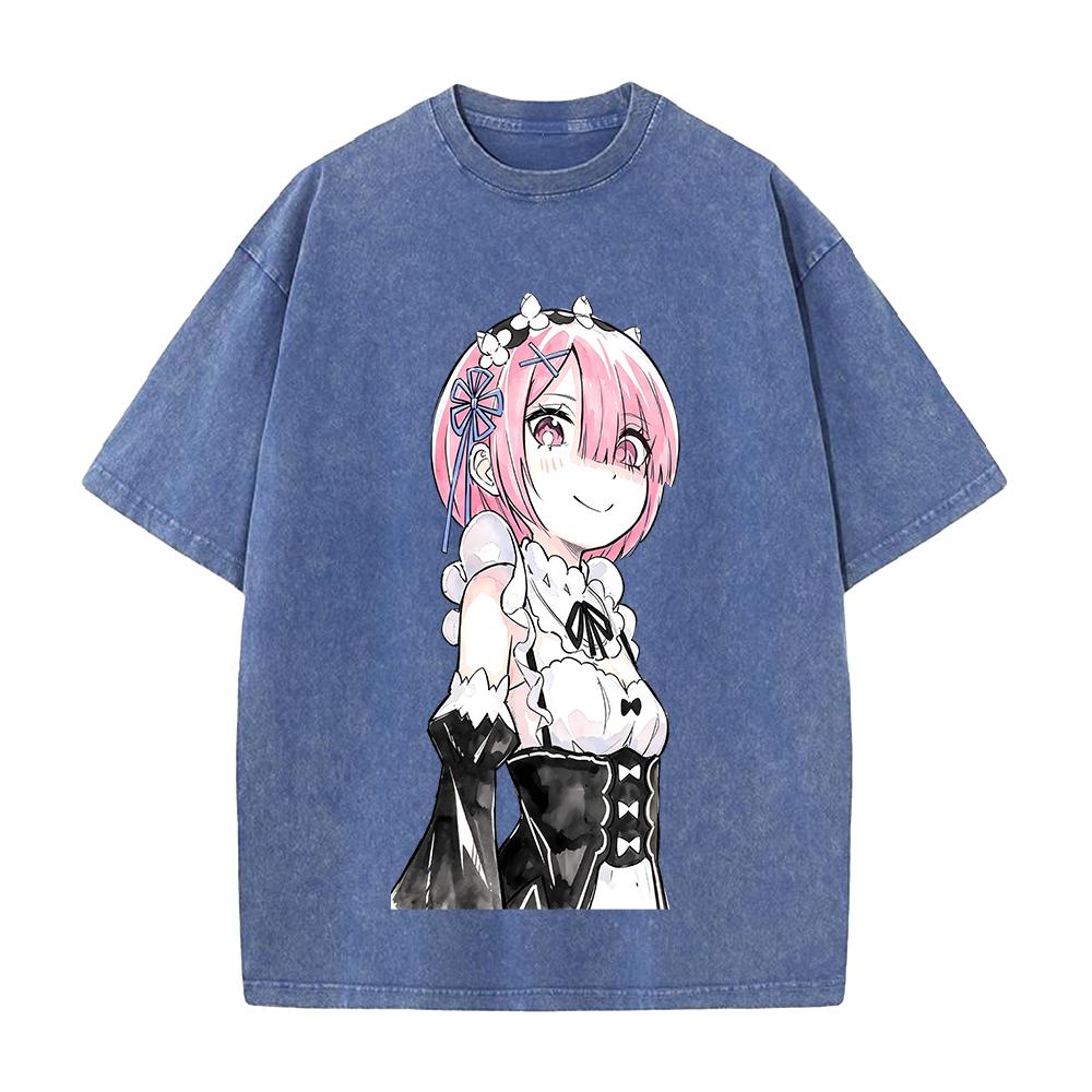 Hot Anime Re Zero Ram Cute Print T-shirt Men Women Tshirts Short Sleeve Cotton Clothing Retro Washed T Shirt Harajuku Loose Tops