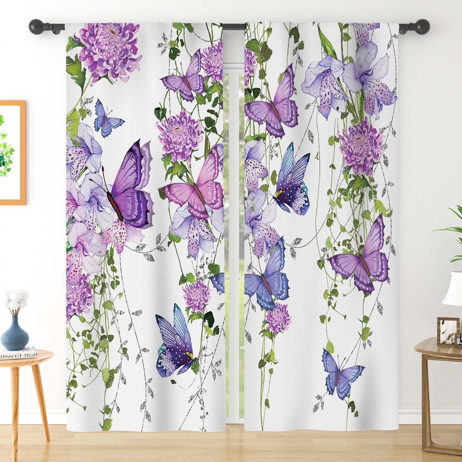 

Floral Ink-Washed Print Curtains Spring Blue Flowers For Living Room Bedroom Decor Rod Pockets Blackout Drapes Set Of 2 50x115cm 2pcs&Rod Pocket