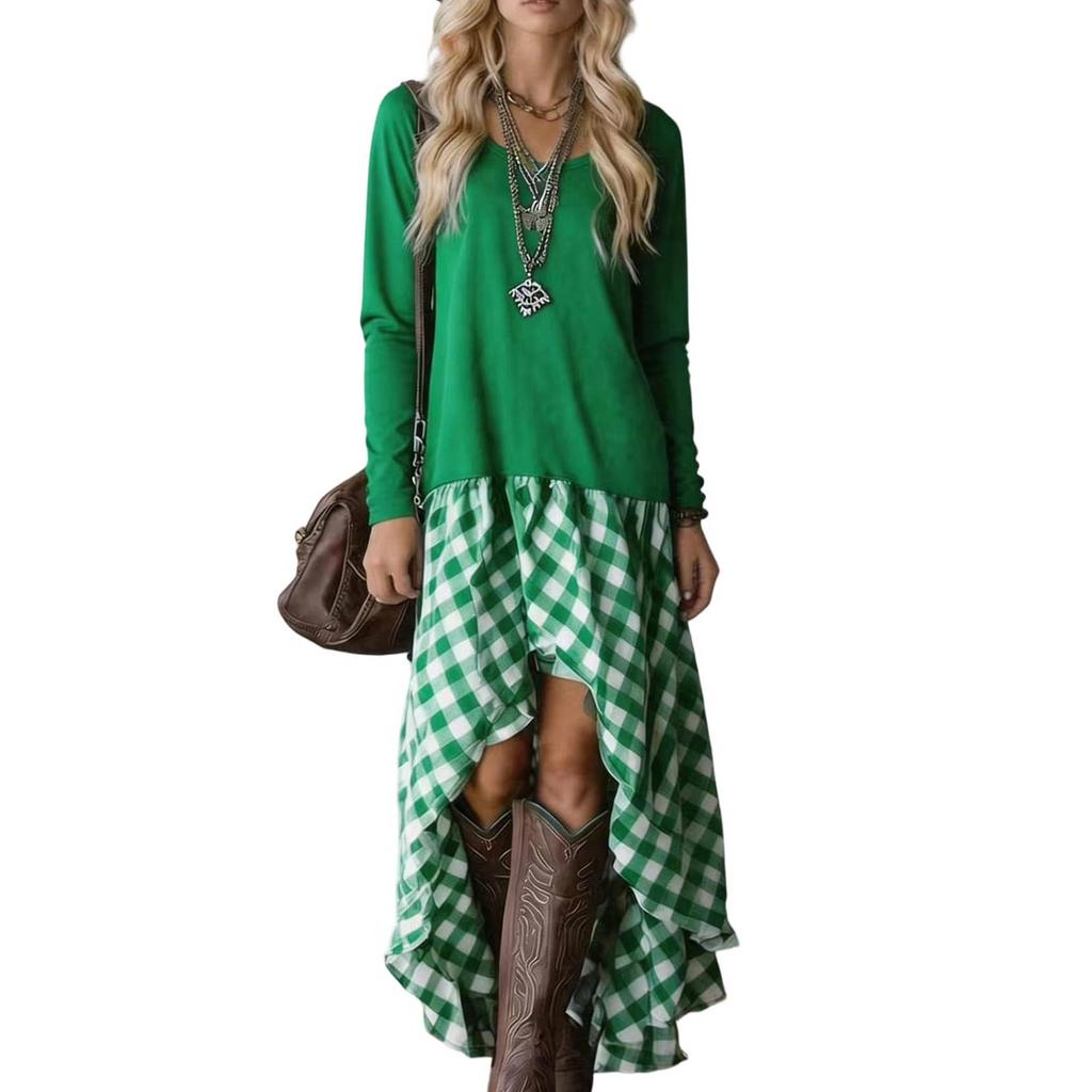 Women's Long Sleeve Bohemian Dress with Plaid Patchwork and Asymmetric Hem for Spring and Fall