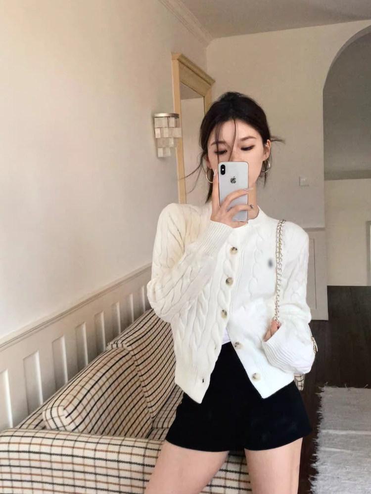 Korean Style Embroidered Pony Logo Knit Cardigan, Versatile Autumn Winter Round Neck Cable Sweater for Women