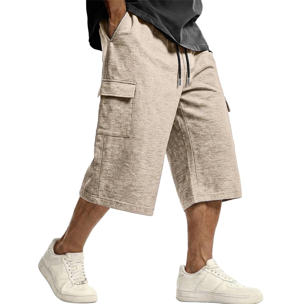 Men's Casual Drawstring Cargo Shorts Knee Length Loose Fit Lightweight Breathable Fabric with Multiple Pockets for Everyday Wear
