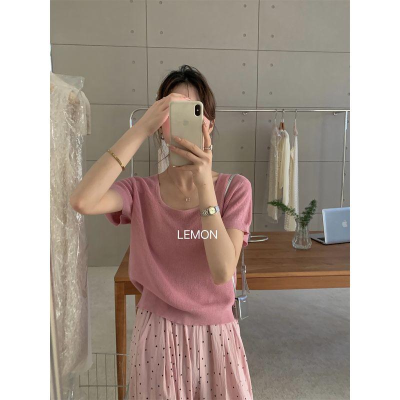 

Square Collar 2024 Summer Easiest for Match Thin Top Short Sleeve Knitwear Shallow powder All yards