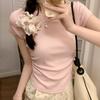 Round Neck T-shirt Short-sleeved Women's Summer New Slim Half-sleeved American Inner Top French Waist Pinch