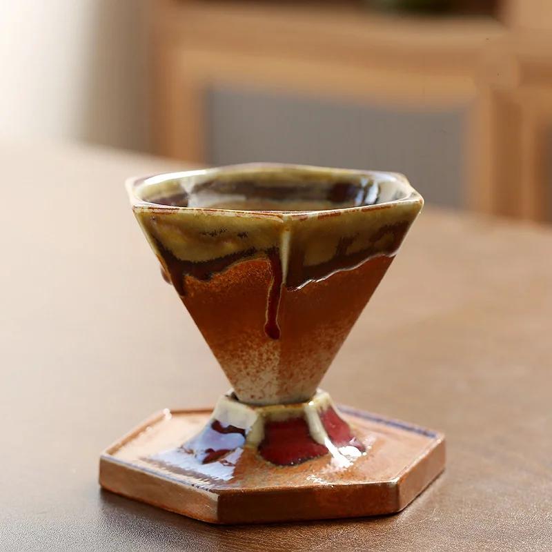 Coarse Pottery Coffee Mug with Base 160ml Rough Pottery Hexagonal Cone Shaped Tea Cup Nordic Retro Coffee Porcelain Cup
