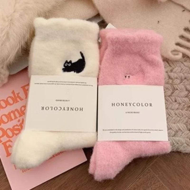 3pairs Cute Cat Mink Fleece Soft Socks for Women Winter Warm Thicken Coral Plush Socks Thermal Snow Home Sleep Floor Kawaii Sock