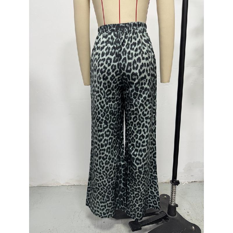 2026 Women's Casual Pants Spring High-Waisted Leopard Print Loose Straight Satin Wide-Leg Trousers